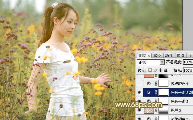‘Photoshop为野花中的美女打造出唯美的粉黄色‘