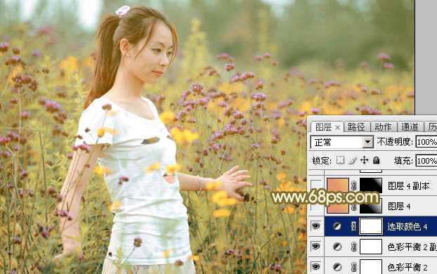 ‘Photoshop为野花中的美女打造出唯美的粉黄色‘