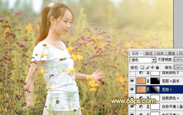 ‘Photoshop为野花中的美女打造出唯美的粉黄色‘