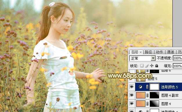 ‘Photoshop为野花中的美女打造出唯美的粉黄色‘
