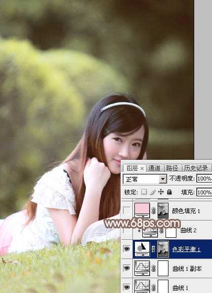 ‘Photoshop为甜美的外景美女加上漂亮的粉褐色‘
