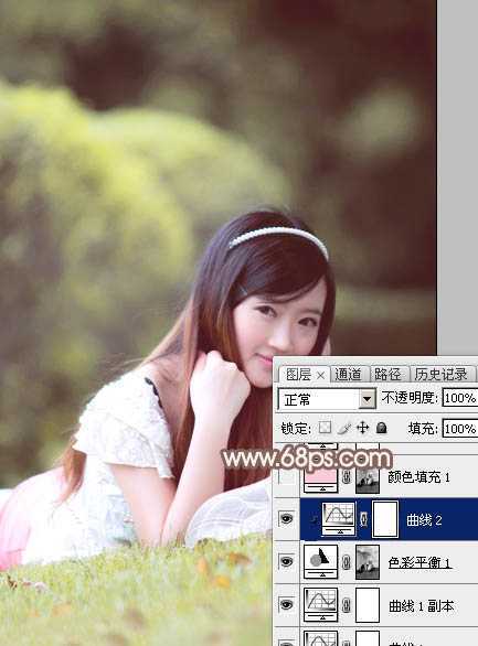 ‘Photoshop为甜美的外景美女加上漂亮的粉褐色‘