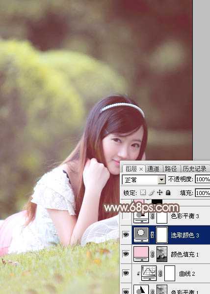 ‘Photoshop为甜美的外景美女加上漂亮的粉褐色‘