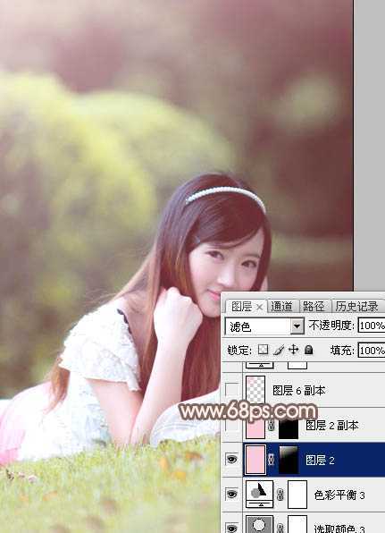 ‘Photoshop为甜美的外景美女加上漂亮的粉褐色‘