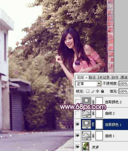 ‘Photoshop将外景美女图片打造出柔美的中性黄紫色效果‘
