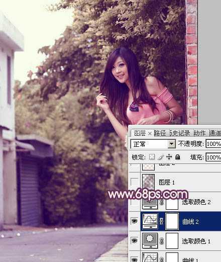 ‘Photoshop将外景美女图片打造出柔美的中性黄紫色效果‘
