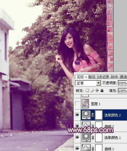‘Photoshop将外景美女图片打造出柔美的中性黄紫色效果‘