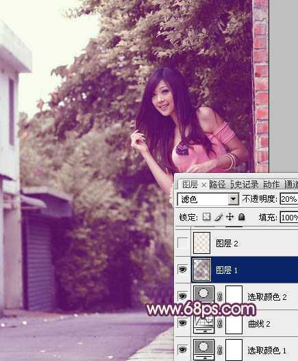 ‘Photoshop将外景美女图片打造出柔美的中性黄紫色效果‘