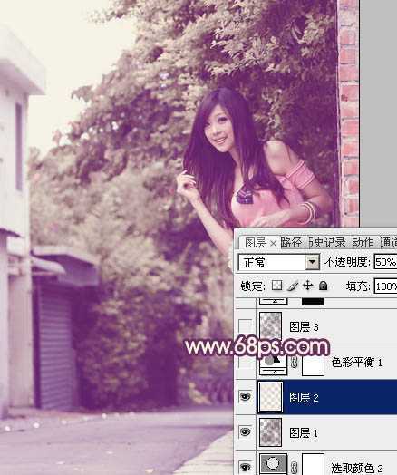 ‘Photoshop将外景美女图片打造出柔美的中性黄紫色效果‘