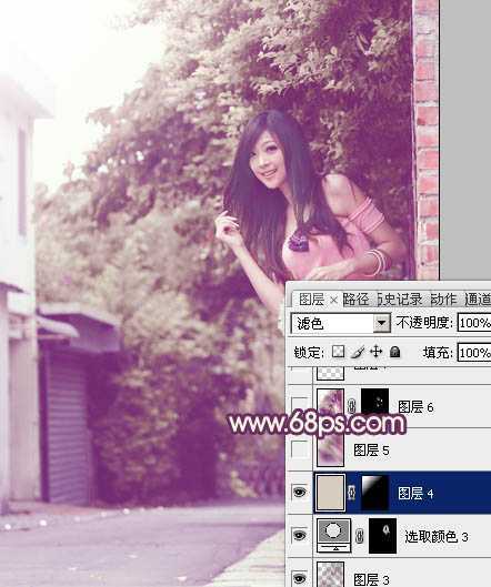‘Photoshop将外景美女图片打造出柔美的中性黄紫色效果‘