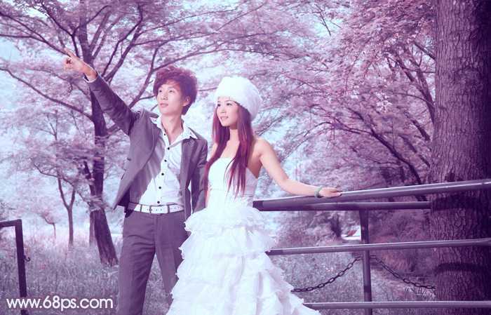 ‘Photoshop将树林婚片调制出唯美浪漫的蓝紫色‘