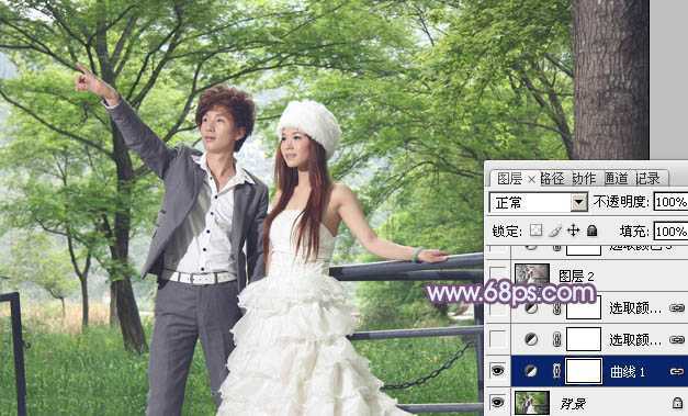 ‘Photoshop将树林婚片调制出唯美浪漫的蓝紫色‘