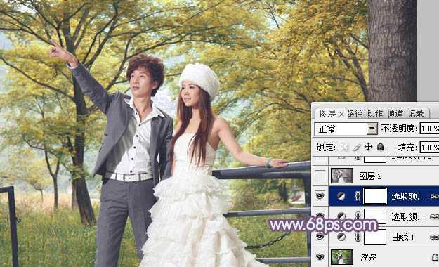 ‘Photoshop将树林婚片调制出唯美浪漫的蓝紫色‘