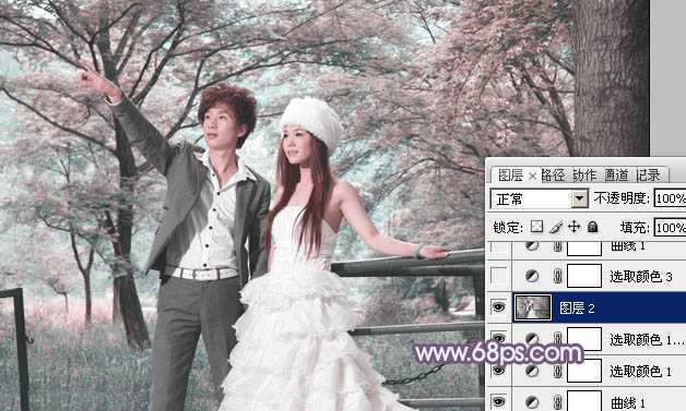 ‘Photoshop将树林婚片调制出唯美浪漫的蓝紫色‘