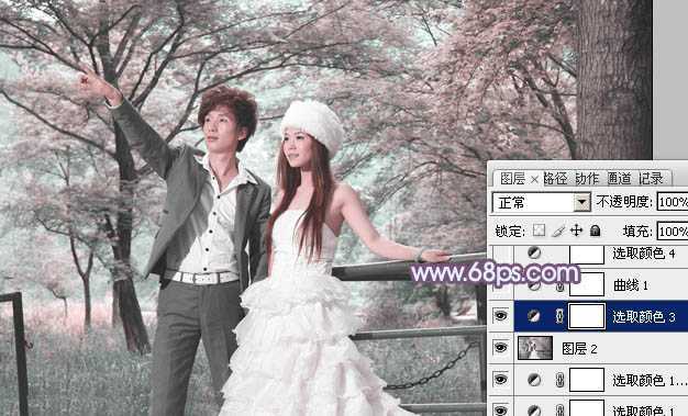 ‘Photoshop将树林婚片调制出唯美浪漫的蓝紫色‘