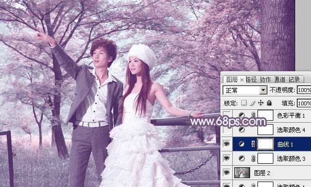 ‘Photoshop将树林婚片调制出唯美浪漫的蓝紫色‘