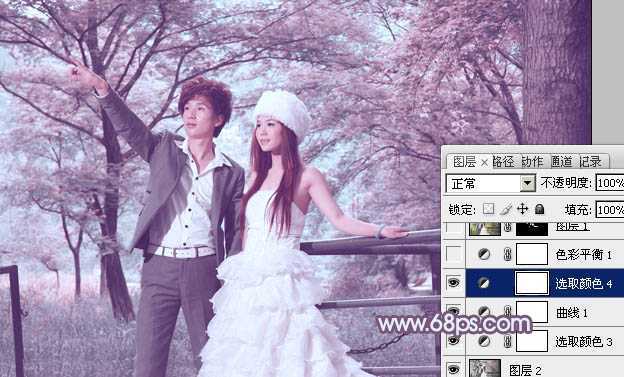 ‘Photoshop将树林婚片调制出唯美浪漫的蓝紫色‘