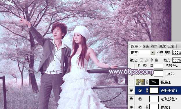 ‘Photoshop将树林婚片调制出唯美浪漫的蓝紫色‘