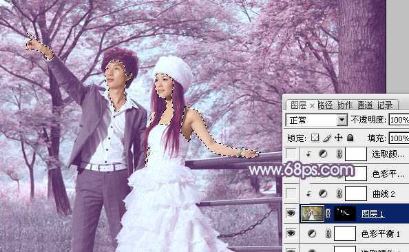 ‘Photoshop将树林婚片调制出唯美浪漫的蓝紫色‘
