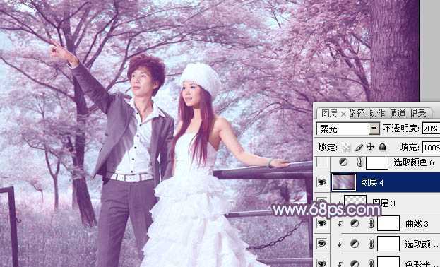 ‘Photoshop将树林婚片调制出唯美浪漫的蓝紫色‘