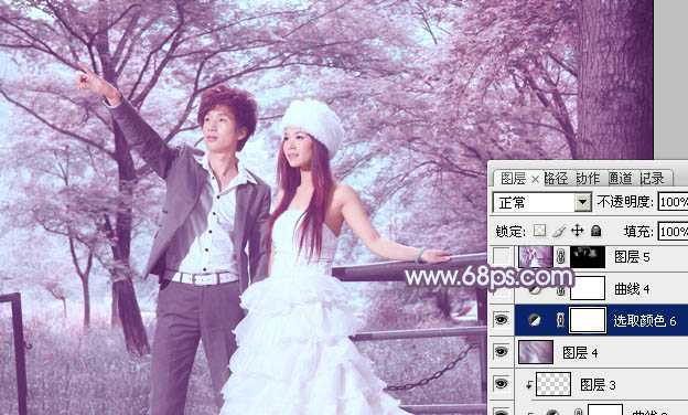 ‘Photoshop将树林婚片调制出唯美浪漫的蓝紫色‘