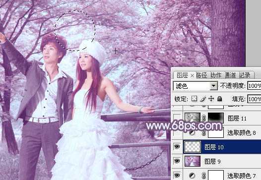 ‘Photoshop将树林婚片调制出唯美浪漫的蓝紫色‘