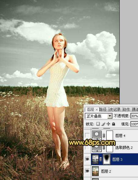 ‘Photoshop将旷野人物图片调制出柔美的暗调青绿色‘