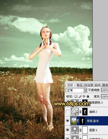 ‘Photoshop将旷野人物图片调制出柔美的暗调青绿色‘