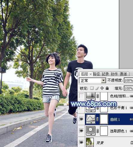 ‘Photoshop为奔跑的情侣图片添加上柔和的韩系蓝黄色效果‘