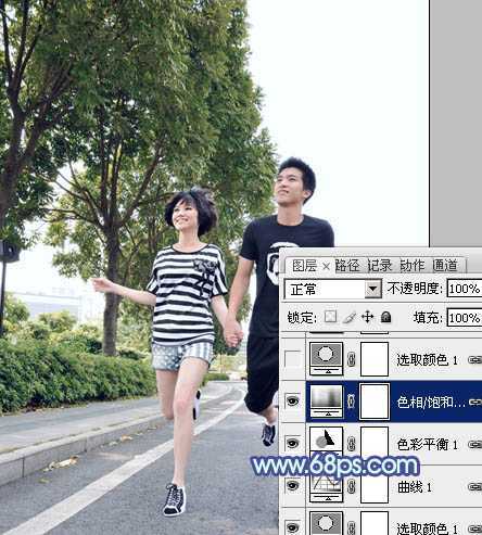‘Photoshop为奔跑的情侣图片添加上柔和的韩系蓝黄色效果‘