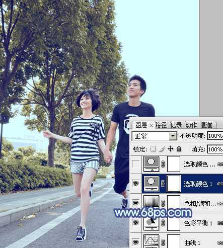 ‘Photoshop为奔跑的情侣图片添加上柔和的韩系蓝黄色效果‘