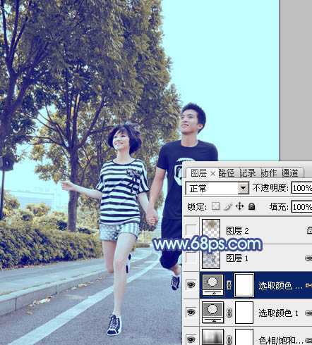 ‘Photoshop为奔跑的情侣图片添加上柔和的韩系蓝黄色效果‘