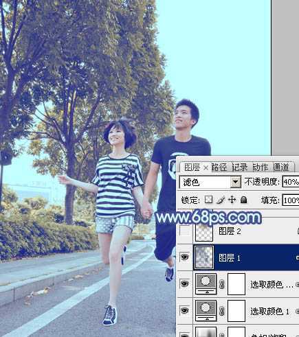 ‘Photoshop为奔跑的情侣图片添加上柔和的韩系蓝黄色效果‘