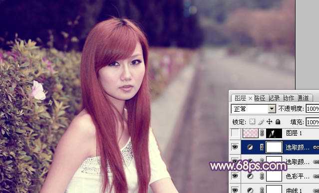 ‘Photoshop将外景美女图片打造出甜美的暗调紫红色‘