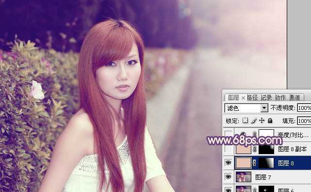 ‘Photoshop将外景美女图片打造出甜美的暗调紫红色‘