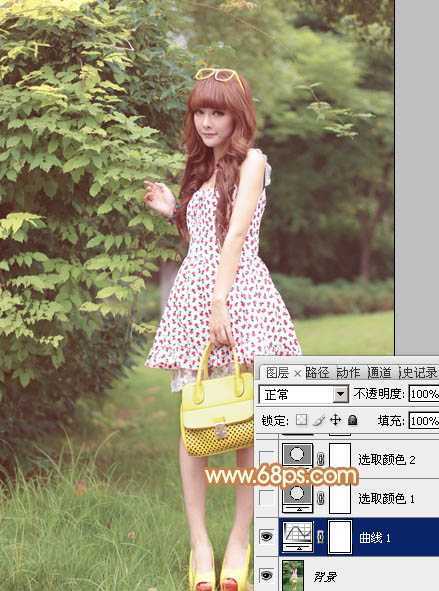 ‘Photoshop为树林美女图片增加朦胧唯美的小清新淡黄色‘