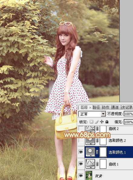 ‘Photoshop为树林美女图片增加朦胧唯美的小清新淡黄色‘