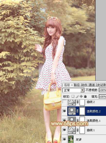 ‘Photoshop为树林美女图片增加朦胧唯美的小清新淡黄色‘