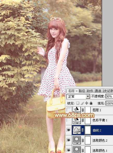 ‘Photoshop为树林美女图片增加朦胧唯美的小清新淡黄色‘