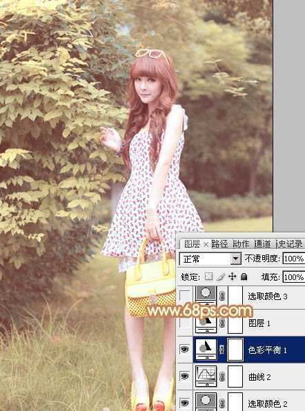 ‘Photoshop为树林美女图片增加朦胧唯美的小清新淡黄色‘