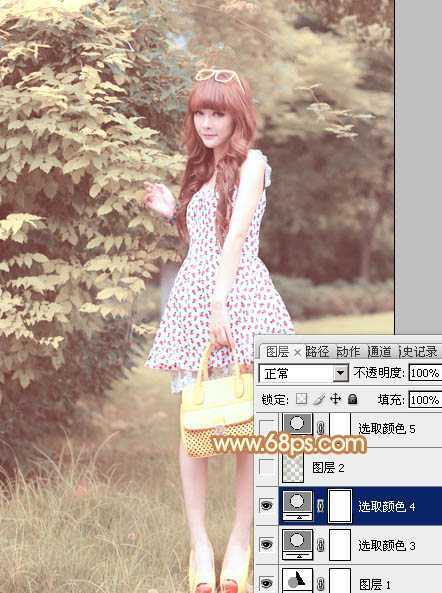 ‘Photoshop为树林美女图片增加朦胧唯美的小清新淡黄色‘