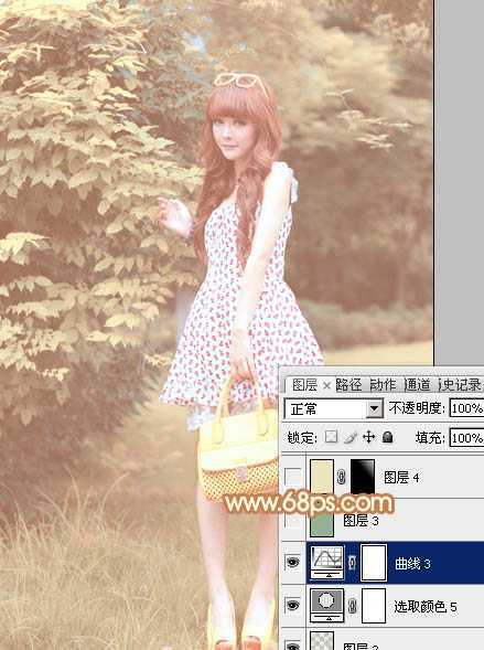 ‘Photoshop为树林美女图片增加朦胧唯美的小清新淡黄色‘