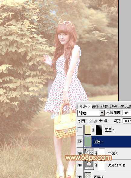 ‘Photoshop为树林美女图片增加朦胧唯美的小清新淡黄色‘