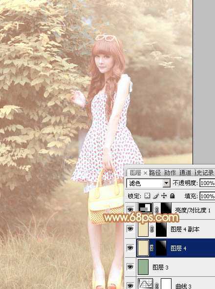 ‘Photoshop为树林美女图片增加朦胧唯美的小清新淡黄色‘