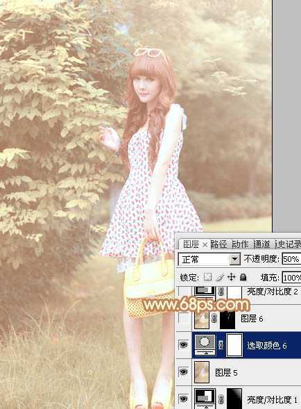 ‘Photoshop为树林美女图片增加朦胧唯美的小清新淡黄色‘