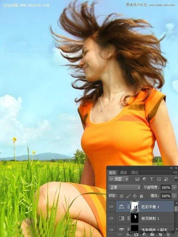 ‘Photoshop调出草地上女孩唯美清新的青绿色调教程‘