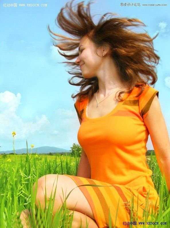 ‘Photoshop调出草地上女孩唯美清新的青绿色调教程‘