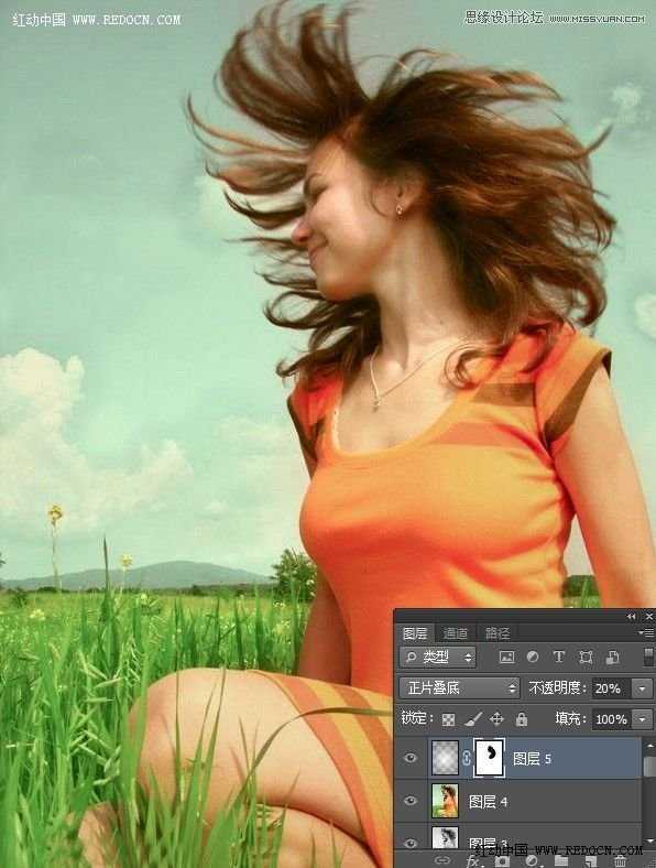 ‘Photoshop调出草地上女孩唯美清新的青绿色调教程‘