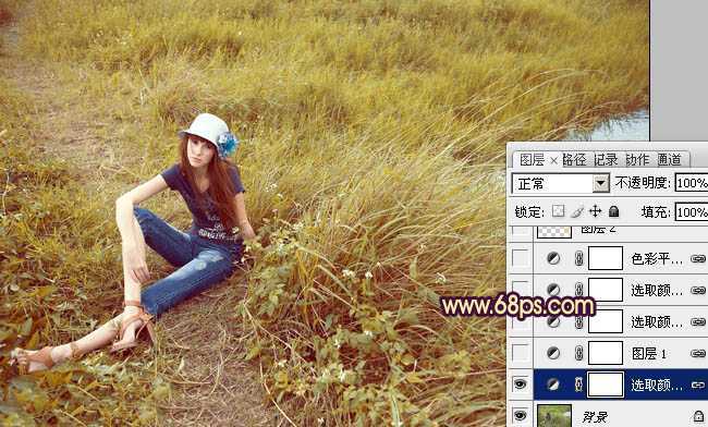 ‘Photoshop将绿色外景人物图片调成柔和的橙黄色‘