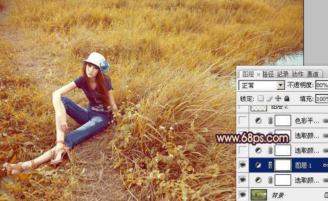 ‘Photoshop将绿色外景人物图片调成柔和的橙黄色‘